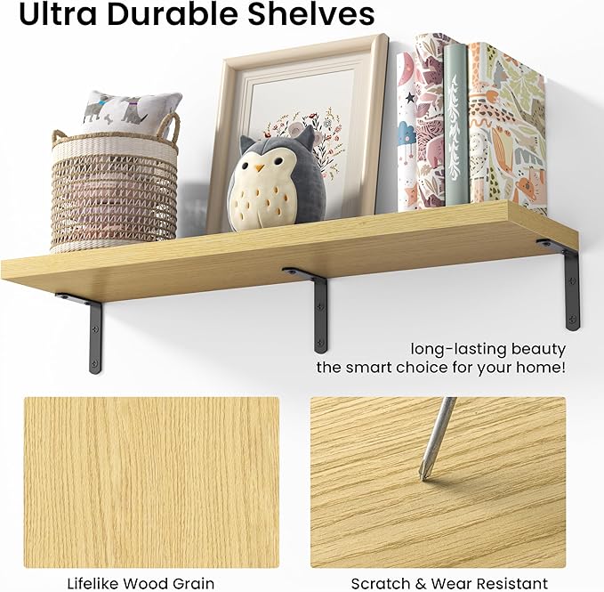 Marsmiles Extra Wide Floating Shelves for Wall, 48x8 Inch Natural Wood Grain Bookshelves, Heavy Duty Mounted Shelving for Bathroom, Kitchen, Living Room, Bedroom,Set of 2，Oak