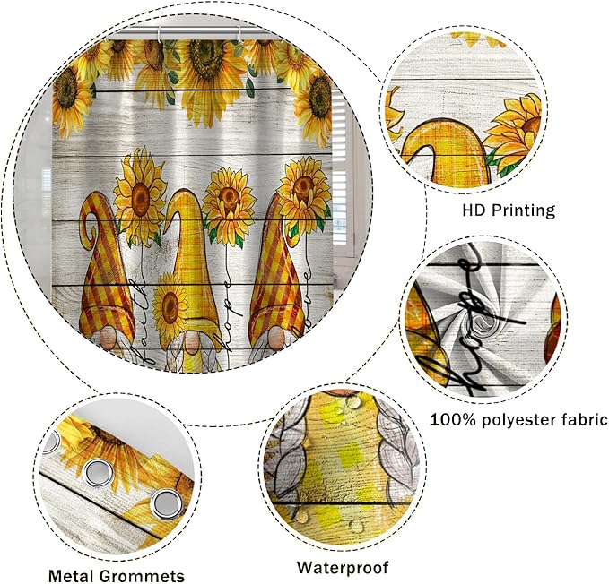 Farmhouse Sunflowers Shower Curtains for Bathroom 72x96 Inch Funny Gnomes Wild Plants Country Wood Plank Bath Curtain Polyester Durable Fabric Decor Set with Plastic Hooks