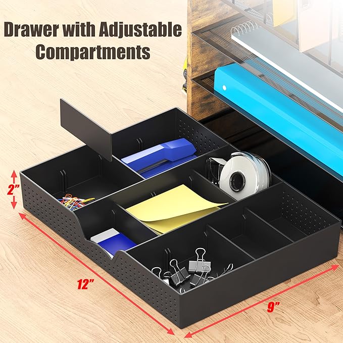 Simple Houseware Mesh Desk Organizer with Wooden Side Board and Metal Bars, 3 Shelves and 5 Upright Sections, Rustic Brown