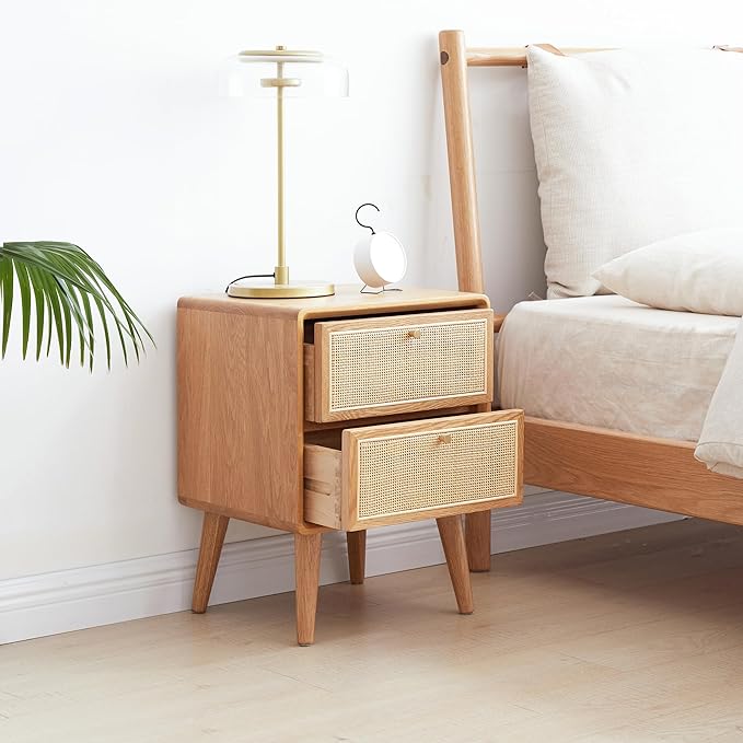 Mid-Century Modern Rattan Nightstand, 2-Drawer Solid Oak Bedside Table with Natural Rattan Fronts, Wooden Bedroom End Table (Natural Oak, 15.74”x13.78”x21.26”)