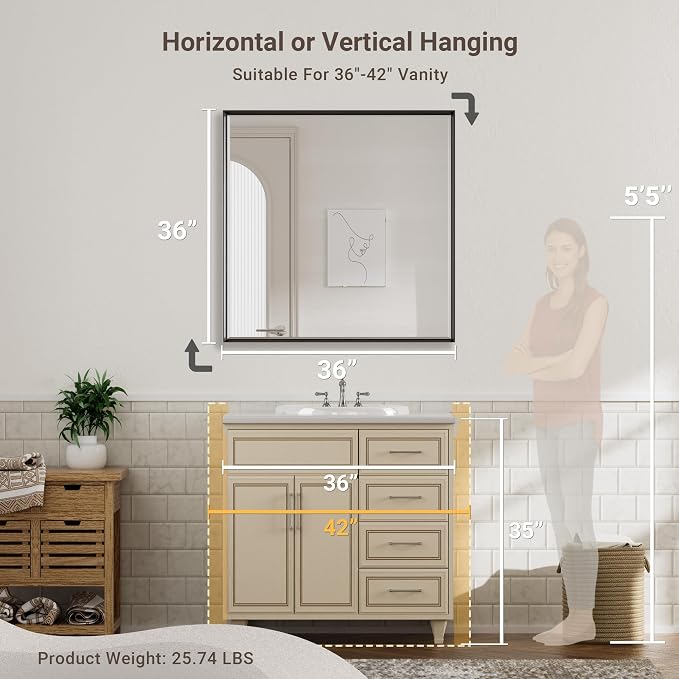 Black Framed Mirror for Bathroom 36x36 Inch Square Beveled Bathroom Mirror, Matte Black Metal Frame Bathroom Mirror, Shatterproof Black Mirror for Bathroom Wall