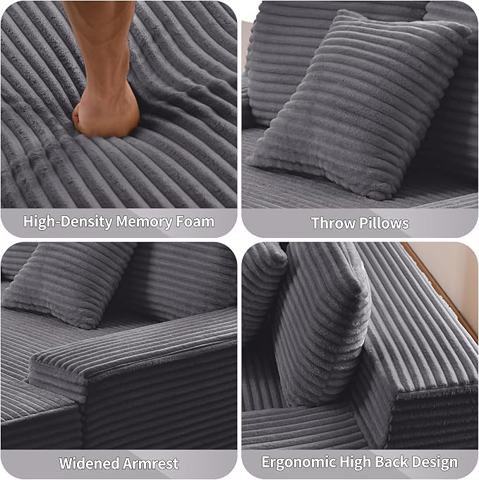 Boneless Chaise Lounge Chair Indoor, 59" W x 65" D Oversized Floor Cloud Sofa Bed, Premium Corduroy Fabric & Full 30D Memory Foam, Boneless Couch for Living Room, No Assembly Required,Grey
