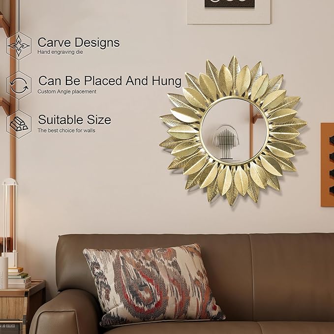 Wall Mirrors Decorative 30" Country-Style Gold Round Mirrors for Wall Decor ，Sunflower Wall Hanging Mirror