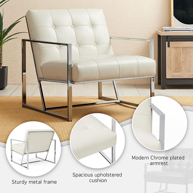 Glitzhome Mid Century Modern Accent Chairs Set of 2, Modern Living Room Chairs with Durable Metal Frame,PU Leather Cushioned, Reading Armchairs for Living Room, Bedroom, Home Office, Off White