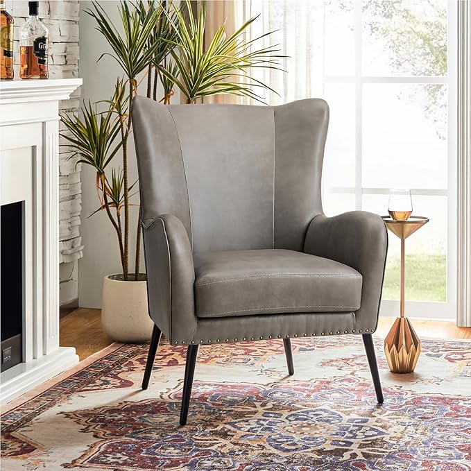 HULALA HOME Faux Leather Accent Chair with Removable Cushion, Comfy Upholstered Armchair with Black Metal Legs & Nailhead Trim Wingback Vanity Chair for Reading Living Room Bedroom, Grey