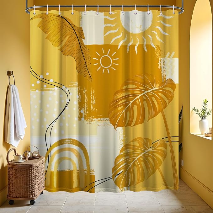 Small Stall Shower Curtain Rv Mustard Yellow Boho, 48 x 72 Inchs | for Camper Stand Up Shower, Modern Pattern Design, Narrow Bathroom Decor Sets Waterproof Cloth Fabric, with Hooks