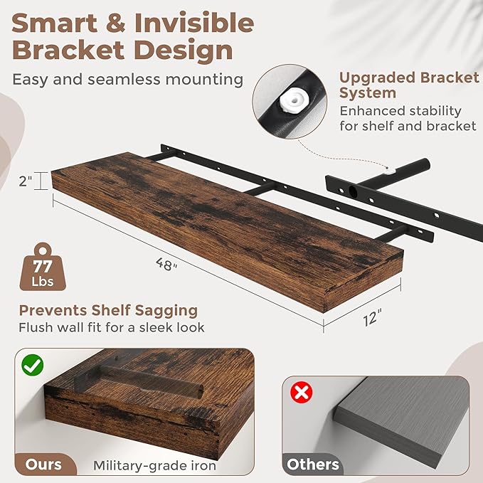 12" Deep Floating Shelves for Wall with Invisible Brackets, Wall Mounted Engineered Wood Shelves with Wood Grain for Living Room, Bedroom, Kitchen Decor and Storage, 48"L Set of 1, Rustic Brown