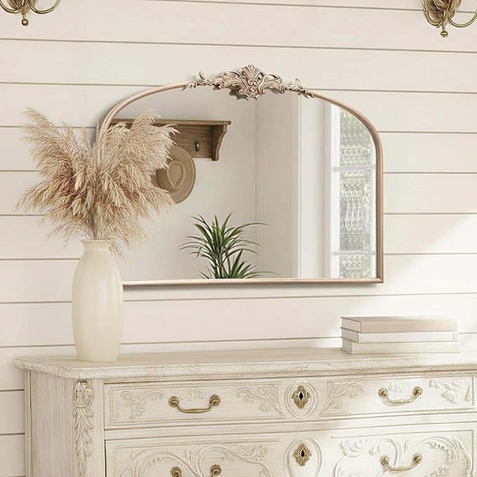 Besdomus Arched Vintage Gold Mirror: 32"x24" Large Champagne Gold Antique Wall Mounted Mirror - Baroque Traditional Ornate for Fireplace/Bathroom/Living Room - Wall Decor for Fashion-Conscious