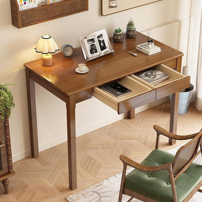 Solid Wood Desk with Drawers - 39 x 22 Inch Vintage Desks, Mid Century Modern Desks, Rubber Wood Study Table, Writing Desk with Drawers for Bedroom|Any Spaces - Walnut Color