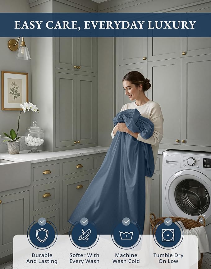 LANE LINEN 100% Egyptian Cotton Queen Sheet Set, 15 inch Deep Pocket, French Reinforced Pocket Seams for Soft, Comfy & Fresh Bed Eco Friendly Cooling Sheets Queen - Swiss Dot Estate Blue