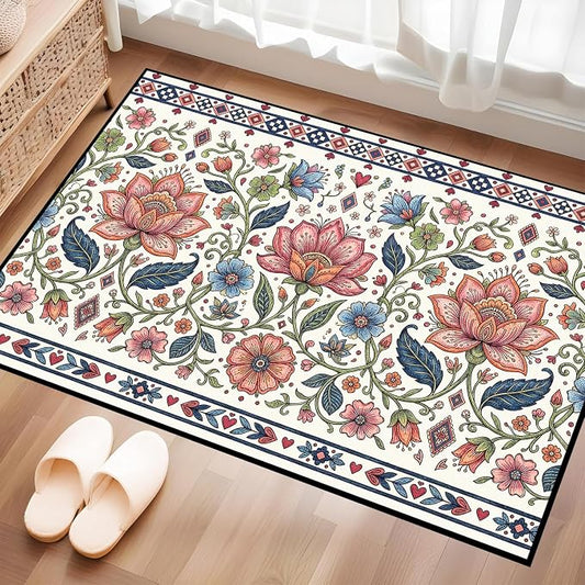 2'x3' Boho Floral Area Rug Vintage Colorful Botanical Carpet Non-Slip Washable Rugs for Entryway Bedroom Living Room Nursery Kitchen Playroom Home Decor