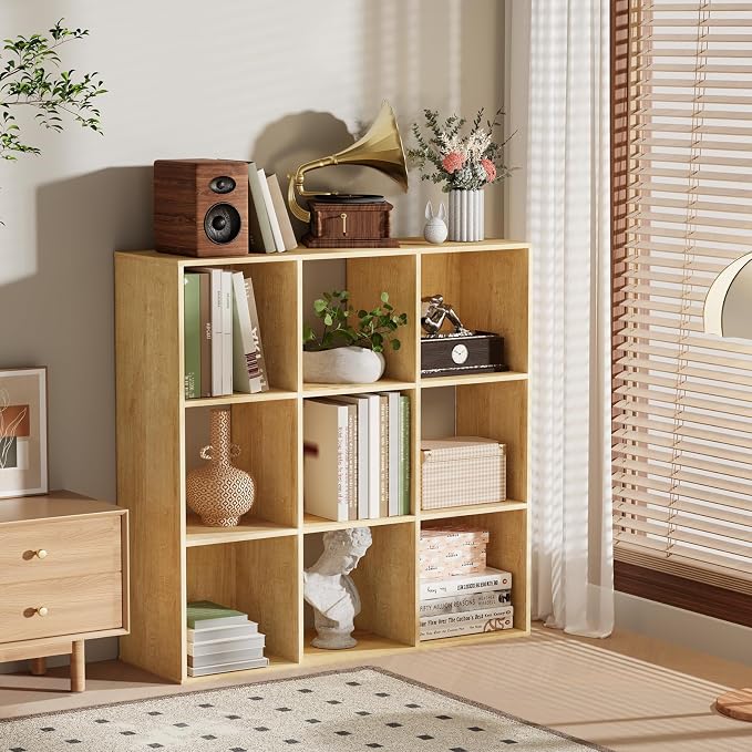 9 Cube Storage Organizer, Free Standing Display Shelf with Open Cubes, Floor Standing Book Shelf Bookcase with Storage for Home Office, Living Room, Bed Room (Oak, 9-Cube)