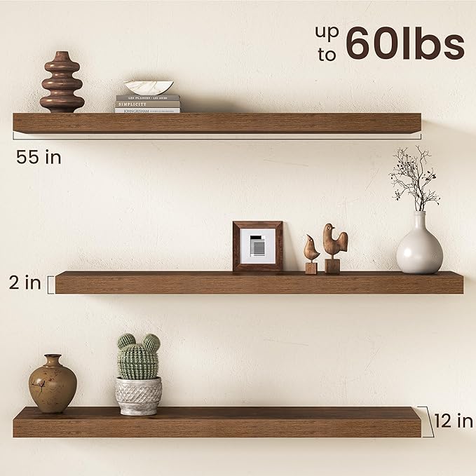 Floating Shelves 55Inch Long, 12 Inch Deep Floating Shelves for Wall, 55 x 12 Large Floating Shelf for Fireplace Mantel, 2" Thicked Wall Shelf for Living Room, Bedroom Storage, Rustic Brown, 2 Packs