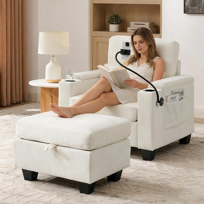 Oversized Chaise Lounge Chair Indoor, Single Convertible Recliner Reading Arm Sofa Chair W/Adjustable Backrest & Charging Port Couch Bed for Living Room, Home Theater & Bedroom, Beige