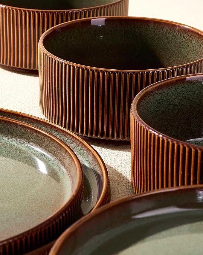 Stoneware Dinnerware Sets, Handcrafted Double Reactive Glaze Plates and Bowls for Everyday & Formal Dining, Microwave & Dishwasher Safe, Scratch Resistant Dishes Service for 4 (12-Piece), Moss Cocoa