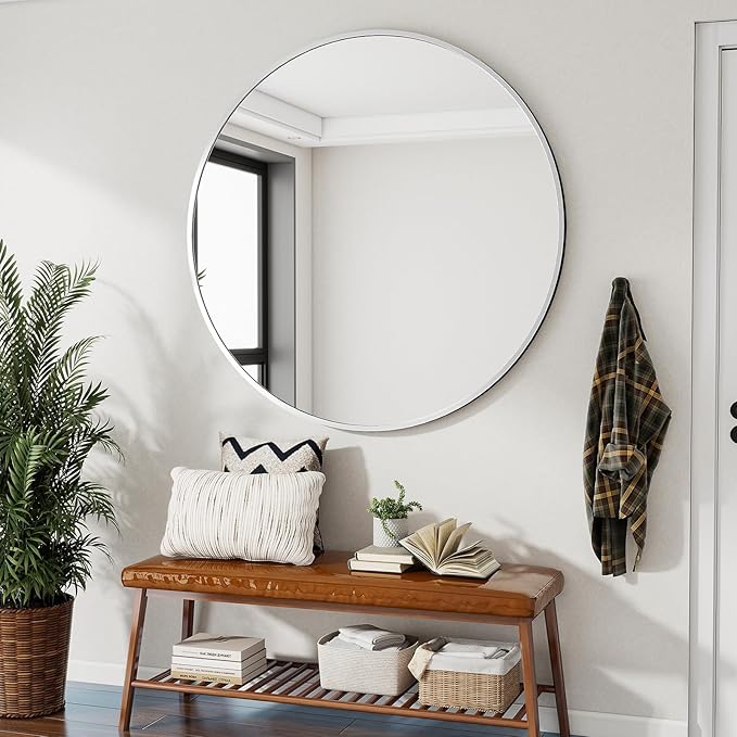 VooBang Large Silver Round Bathroom Mirror, 48 inch Circle Wall Mounted Hanging Mirror with Simple Modern Circular Metal Frame for Hallway, Entryway, Living Room, Silver Frame