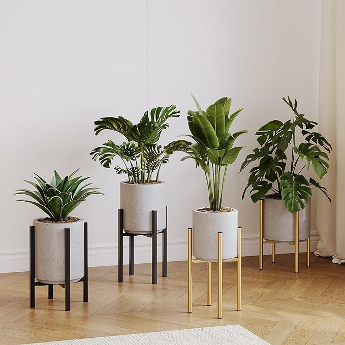Adjustable Metal Plant Stand Indoor, Fits 9-15 Inch Pots, Mid Century Modern Gold Planter Holder,2 Heights, Heavy Duty 160 lb, Indoor Outdoor Corner Floor Pot Stand, Black