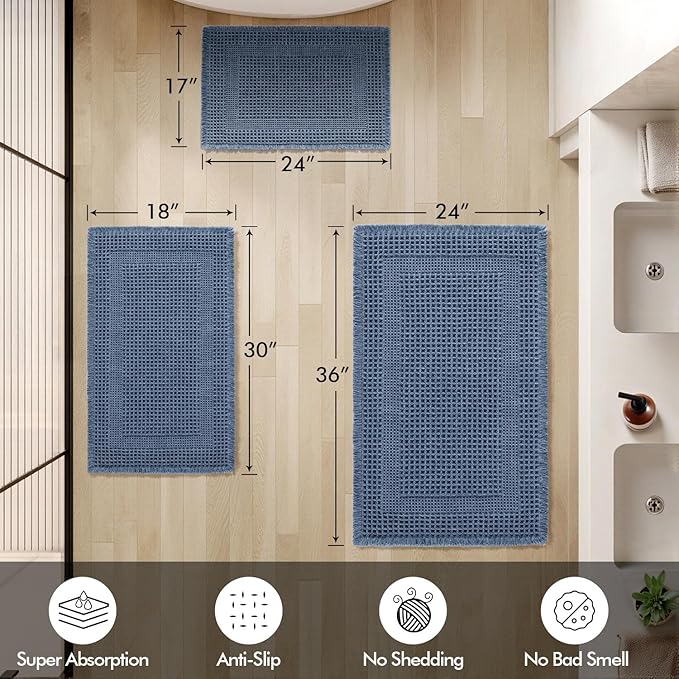 MIULEE Set of 2 Waffle Bathroom Rugs, Boho Bath Rug Super Absorbent, Non Slip Washable Ultra Soft Rubber Backed Shower Bath Mats for Floor, Tub, Shower, Looped Design, Blue, 17"x24"+18"x30"