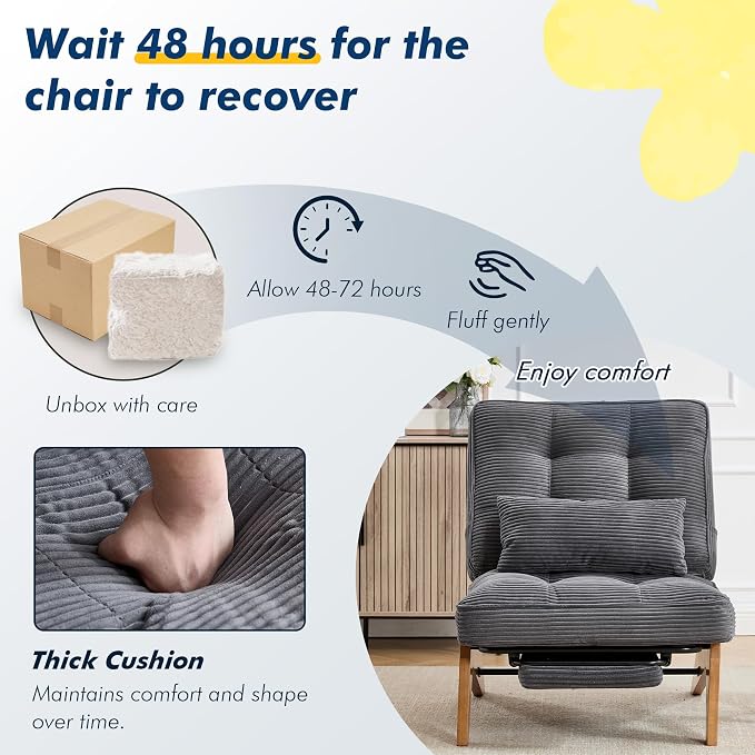 Accent Chair with Ottoman Adjustable Backrest, Stripe Living Room Chair Indoor Lounge Chair with Build-in Footrest Set, Modern Chair Cozy Reclining Chair for Reading Room, Grey
