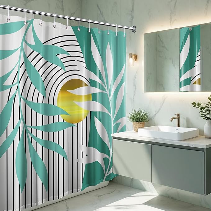 Boho Aqua Shower Curtain, Mid Century Modern Teal Blue Shower Curtains for Bathroom Waterproof Cloth Fabric with Hooks, 70" W x 72" L