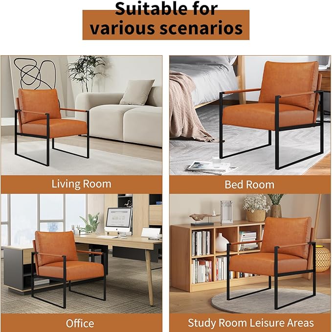 CANMOV Modern Accent Chair Set of 4, PU Leather Armchair with Metal Frame,Comfy Single Reading Chair with Soft Padded Backrest and Cushion for Living Room, Bedroom,Reading Room,Office,Brown