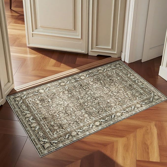 OPPODREAM Vintage Brown 2x3 Washable Rug, 2 x 3 Retro Door Mat Indoor Entrance Non Slip, Low-Pile Faux Wool Throw Carpet, Distressed Floor Mat for Kitchen, Hallway, Entry-Way, Back Door