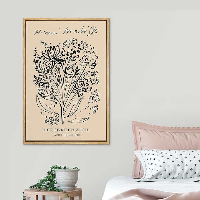 SIGNLEADER Framed Canvas Print Wall Art Flower Garden Sketch by Henri Matisse Classic Vintage Illustrations Fine Art Decorative Retro Multicolor Boho for Living Room, Bedroom, Office - 24"x36" NATURAL