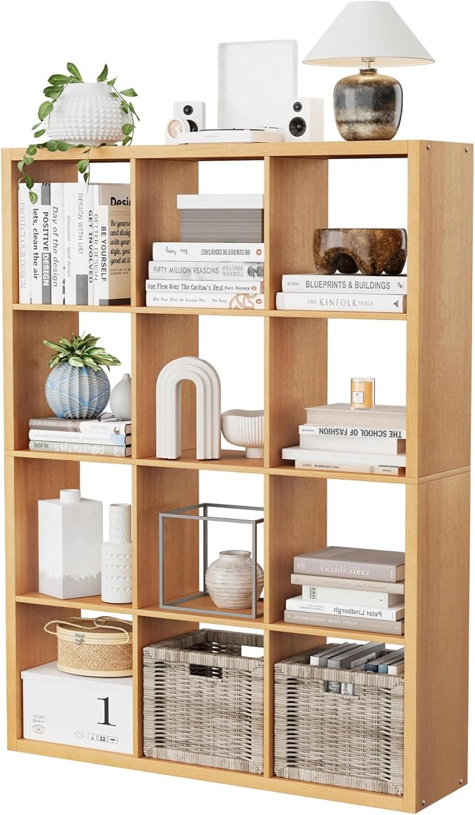 12 Cube Storage Organizer, Wooden Cube Shelf Bookcase with Reinforced Thick Shelves, Heavy-Duty 36.93" L x 9.37" W x 48.82" H, for Living Room Bedroom Home Office, Natural-Oak