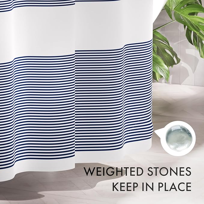 AmazerBath Striped Blue Shower Curtain, Cute Blue Stripe Bathroom Shower Curtain with 12 Shower Curtain Hooks, Rustic Fabric Blue and White, 72x72 Inches