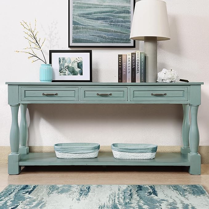 Merax Retro Console Table with 4 Drawers for Entryway, Sofa Table with Open Storage Shelf, Wood Side Table with Thick Legs for Living Room Bedroom, Retro Blue