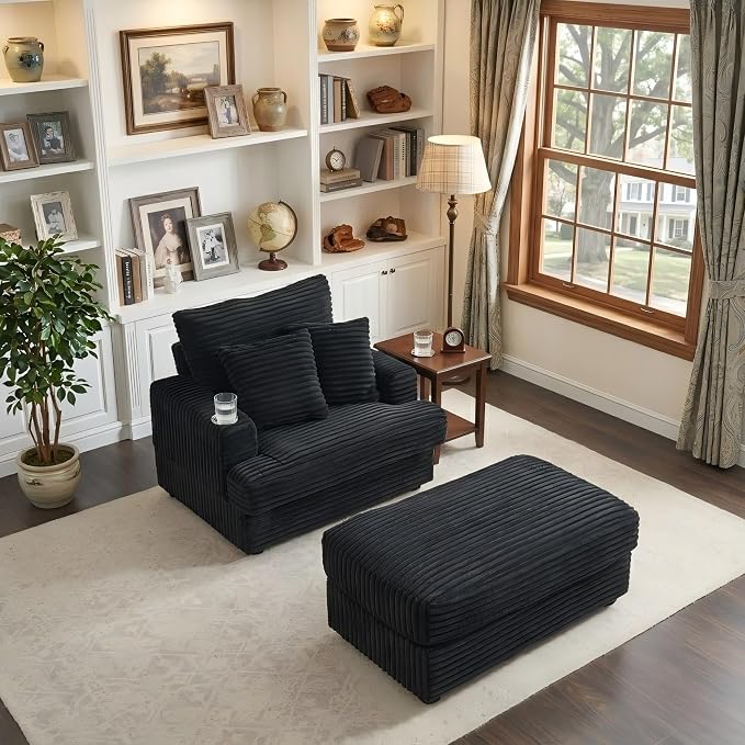 Eafurn 39" Corduroy Modular Accent Chair with Movable Ottoman, Comfy Living Room Armchair with Cup Holder, Soft Upholstered Wide Single Lounge Chaise Chair for Bedroom, Office or Reading Nook