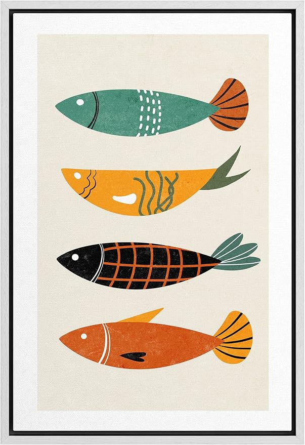 Woodrose Framed Canvas Print Wall Art Mid-Century Pattern Ocean Fish Animals Shapes Illustrations Modern Minimalist Chic Relax/Calm Multicolor for Living Room, Bedroom, Office - 16"x24" White
