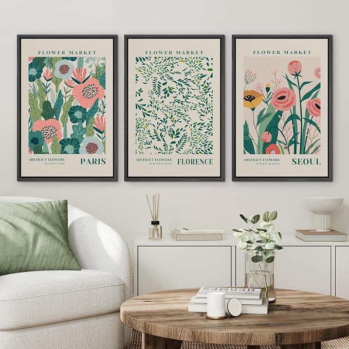 wall26 Framed Canvas Print Wall Art Set Watercolor Pastel Vibrant Flower Market Prints Nature Wilderness Illustrations Modern Art Decorative Floral Botanical Minimal for Bedroom - 16"x24"x3 Black