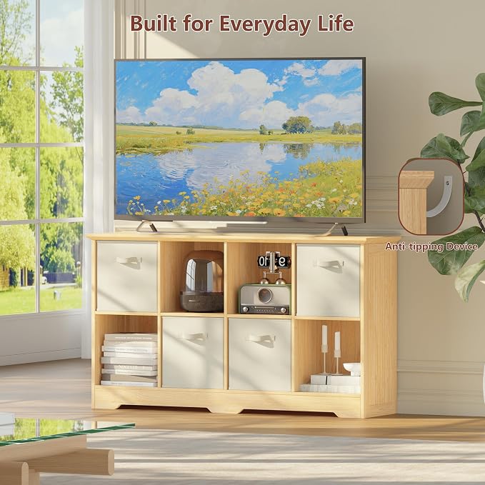 VORONOI 8 Cube Storage Organizer with 4 Fabric Drawers and Removable Shelves — Modular Cube Bookshelf for Bedroom, Living Room, or Home Office, Short Cube Bookcase for Toys, Decor,Natural Wood
