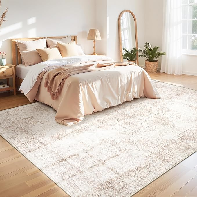 Area Rug 9x12 Vintage Rug: Large Washable Indoor Medallion Rugs Low Pile Distressed Floor Carpet Retro Accent Rug for Living Room Bedroom Kitchen Dining Table Home Office(Retro Beige, 9'x12')