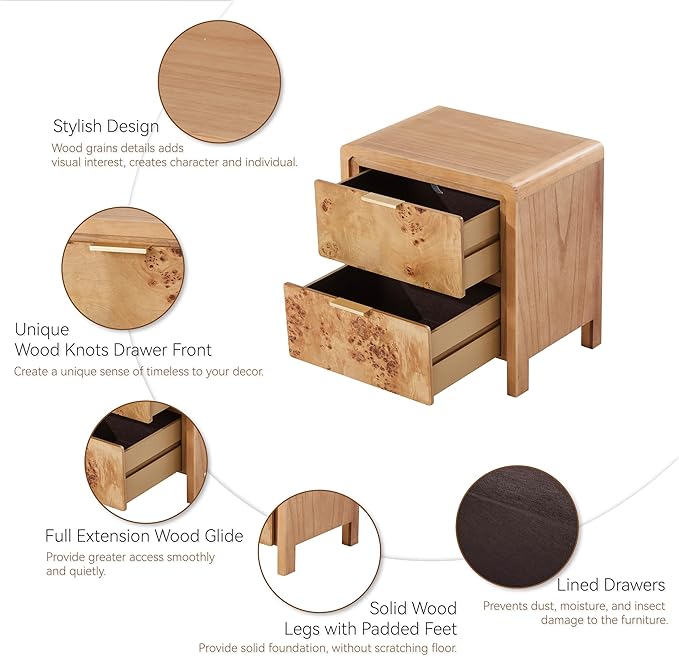 COZAYH Farmhouse Nightstand Set of 2 with Drawer, Distressed Wood Retro Accent Bedside Table, Fully Assembled Side Table for Bedroom, Rustic, Natural, Burl