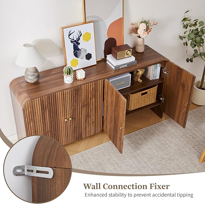 59” Large Buffets Sideboard Cabinet with Storage, Fluted Curved Credenza Buffet Table Storage Cabinet with 4 Doors, Modern Wood Accent Console Table Coffee Bar for Living Room Kitchen Hallway, Walnut