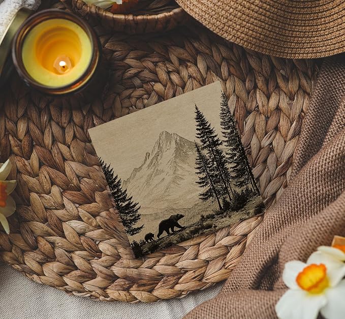 Vintage Mountain Forest Bear Decor Signs, Bear Gifts for Women Men, Rustic Mountain Landscape Wild Animals Wooden Box Sign for Home Bedroom Living Room Desk Table Shelf 5x5 Inch