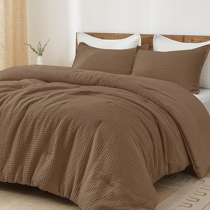 PHF Ultra Soft Waffle Weave Comforter Set Queen Size, 3 Pieces Lightweight Breathable Comfy Bedding Set, Comfy Textured 1 Comforter with 2 Pillow Shams, Mocha