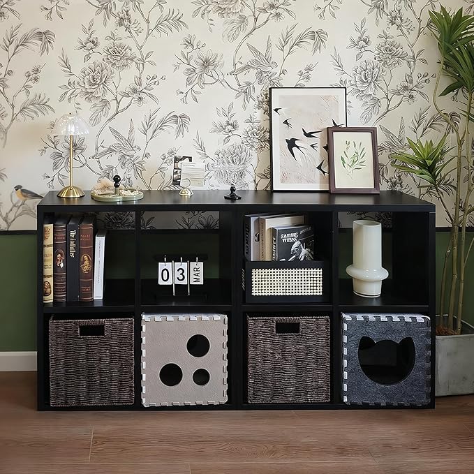 IRONMIX Metal 4 Cube Storage Organizer, Short Black Bookshelf with Storage, Small Horizontal Bookshelf, 2 Tier Open Bookcase Cube Shelf, Small TV Stand for Home Office Library (Black, 700)