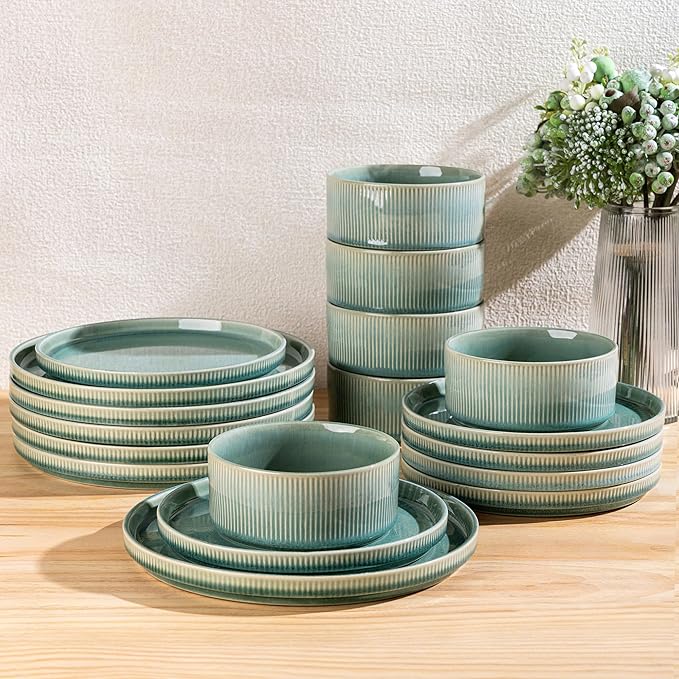 GBHOME 12-Piece Stoneware Dinnerware Set for 4 – Ribbed Ceramic Plates and Bowls, Scratch-Resistant, Microwave & Dishwasher Safe, Reactive Glaze, Malachite Green