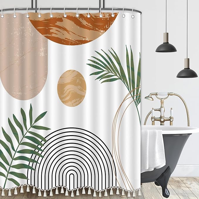 Boho Mid Century Leaf Shower Curtain Set,Arch Sun Design,Minimalistic Leaves Pattern,Waterproof and Luxurious Fabric-12 Hooks(White-72" x 72")