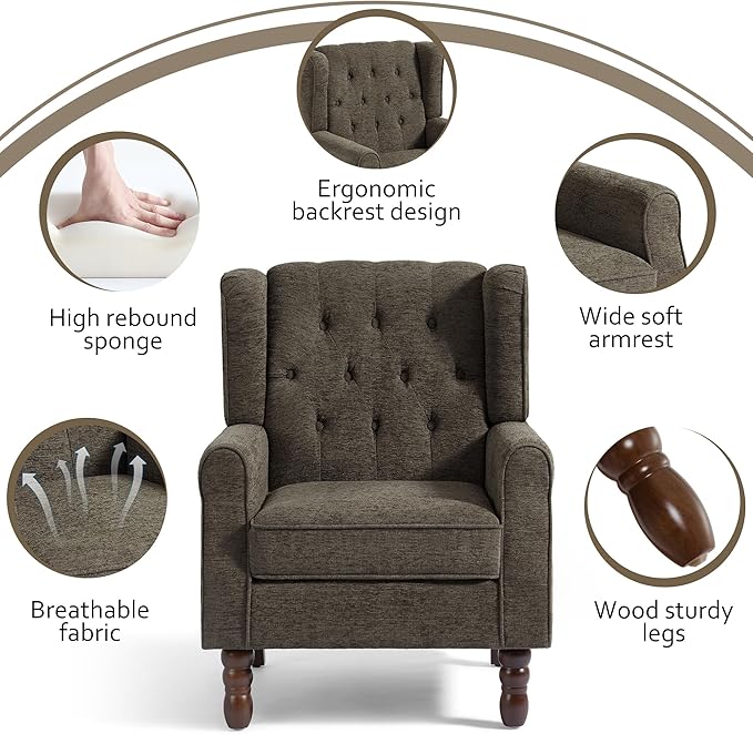 Accent Chairs Set of 2, High Back Upholstered Chair with Button Tufted, Mid-Century Modern Comfy Wingback Chair Reading Armchair in Fabric for Living Room for Bedroom, Office-Taupe