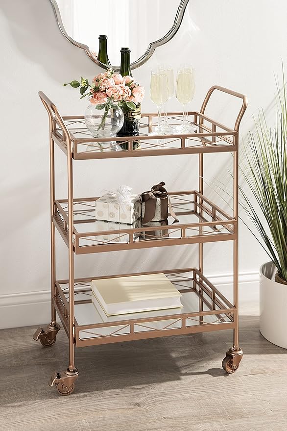 Kate and Laurel Ketia Glam Metal Bar Cart, 23 x 13 x 34, Rose Gold, Glamorous Three Tier Gold Bar Cart for Display and Storage