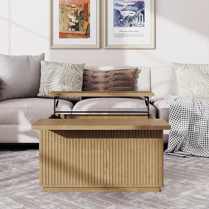 Lift Top Coffee Table with Storage,Fluted Square Center Table with Large Hidden Space,31.5" Coffee Table with Lifting Top,Center Table for Living Room,Natural Oak