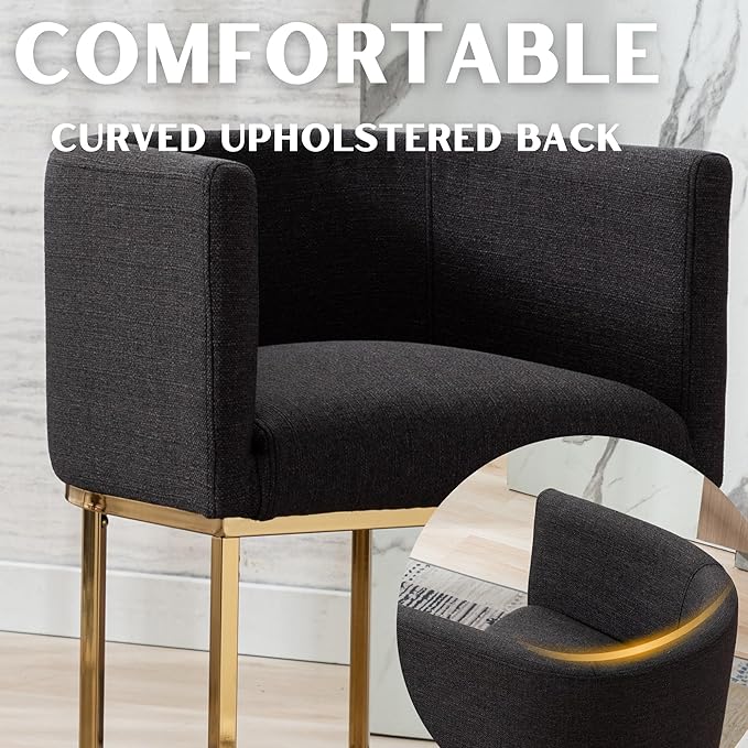 Contemporary Linen Bar Stools Set of 2, 24" Upholstered Fabric Counter Height Barstools Kitchen Counter Island Stools with Golden Metal Base, Charcoal