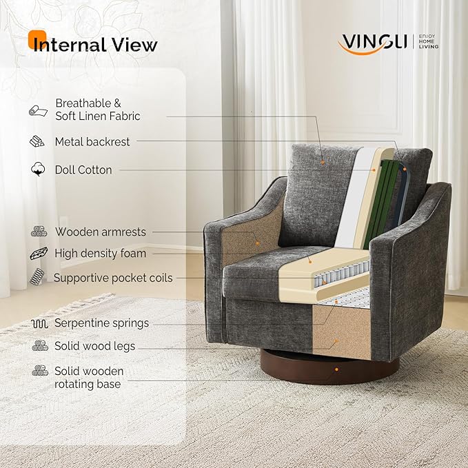 VINGLI Mid-Century Modern Swivel Accent Chairs Set of 2, 360°Upholstered Armchairs, Home Sofa with Track Arms for Living Room, Bedroom, Reading Room, Club Swivel Chairs, Chenille Grey