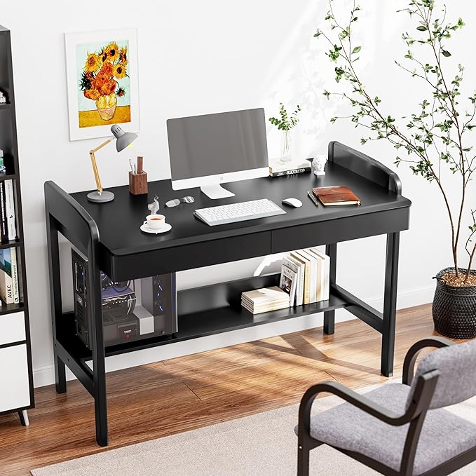 100% Solid Wood Desk with Drawers - 40 Inch Simple Modern Desks, Writing Desk with Drawers & Shelf, Work Study Table, Adjustable Height Home Office Computer Desks - Black