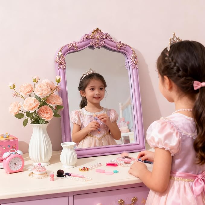 Pink Flower Bow Mirror - 13x10 Inch Elegant Decorative Accent, Wall-Mounted & Tabletop Makeup Mirror for Bedroom Interior Decor