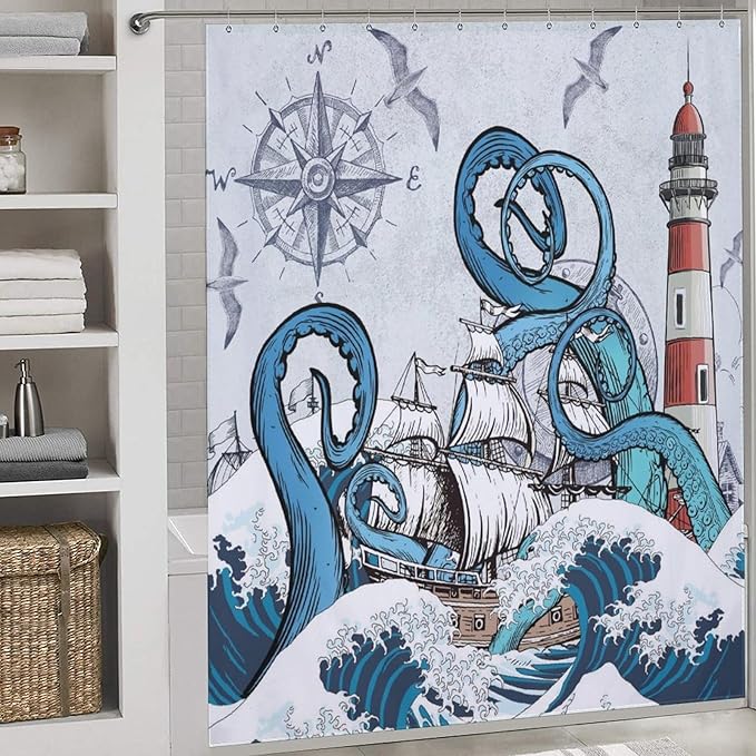 Nautical Octopus Shower Curtain,Navy Blue Funny Ocean Kraken Shower Curtains for Bathroom Anchor Coastal Map Waterproof Fabric Bath Curtain Decor with Hooks,72x78Inch